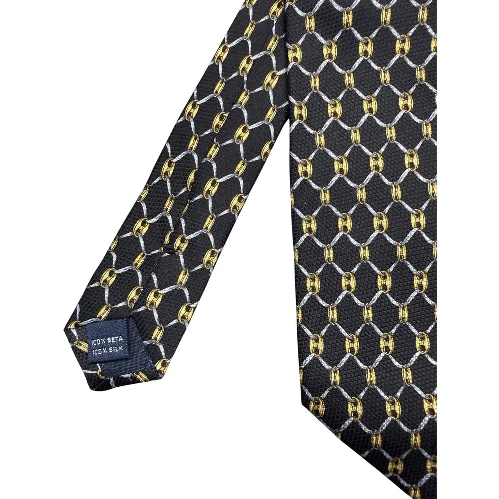 Today's Man 100% Silk Tie W/ Gold & Silver Chain Pattern Navy Background‎ Italy